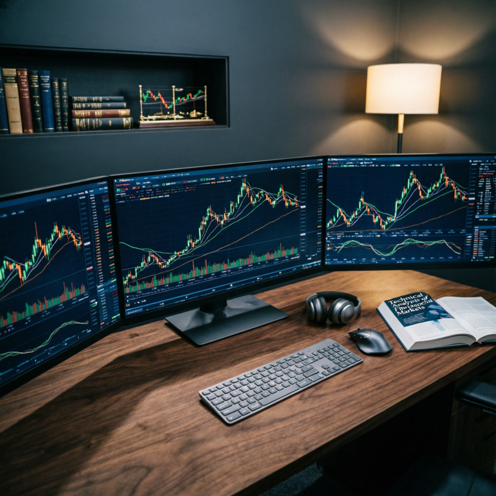 Professional forex trader workspace with multiple monitors showing Topstep charts