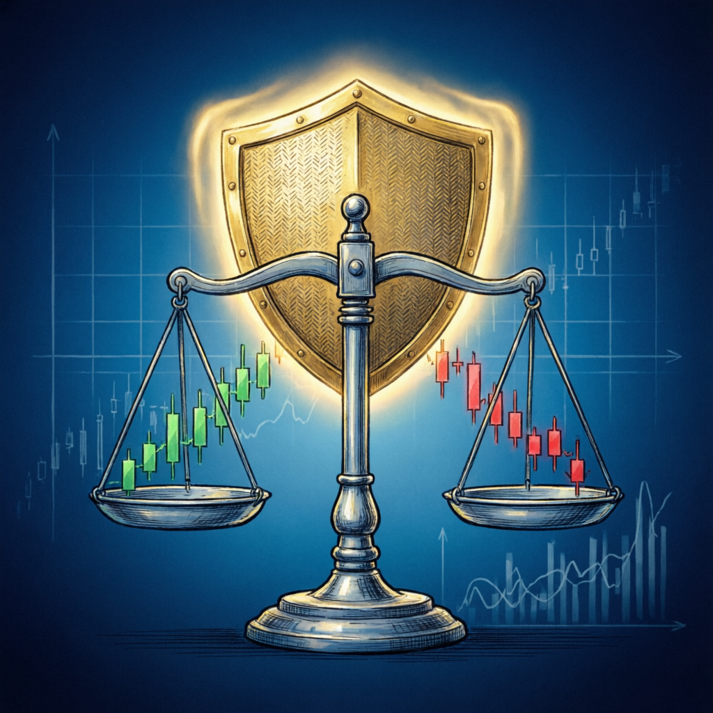 Risk management concept with balanced scales and protective shield for trading
