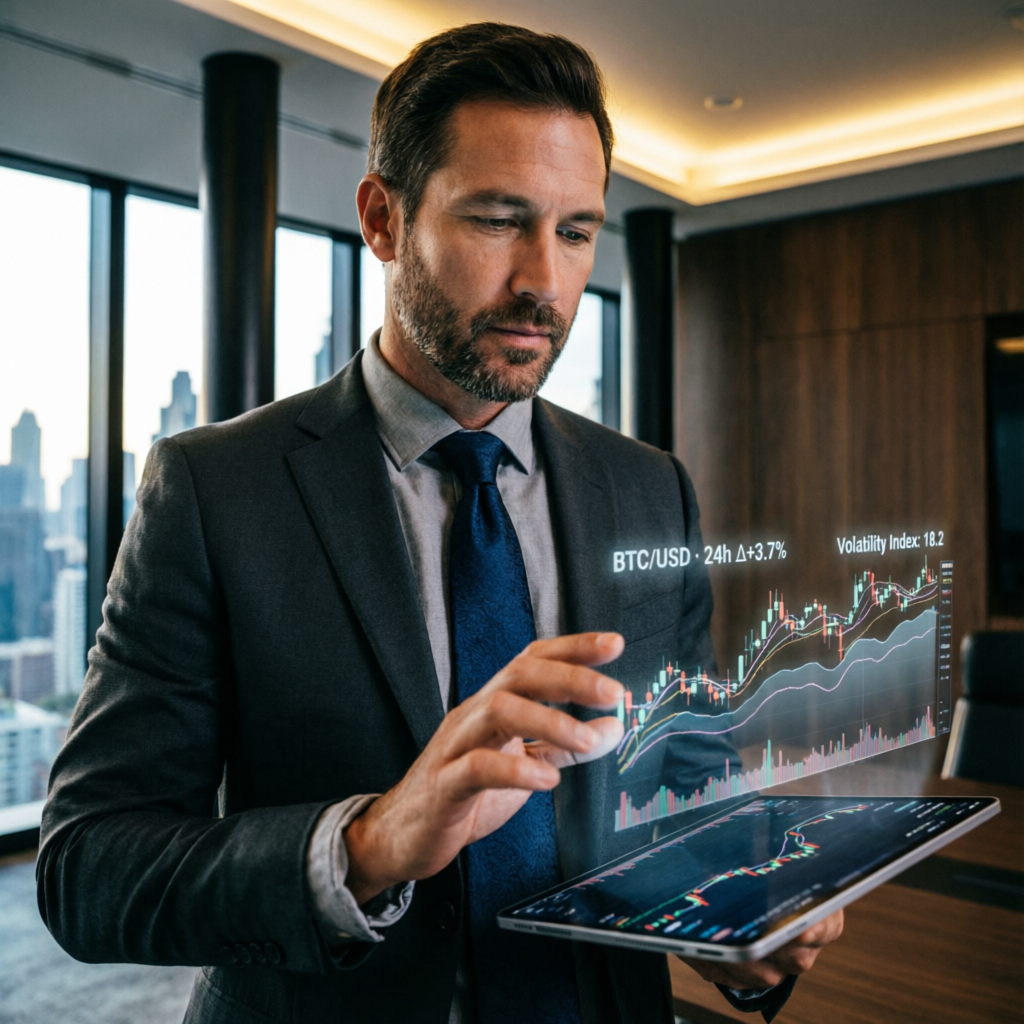 Professional trader reviewing strategy on tablet with holographic charts