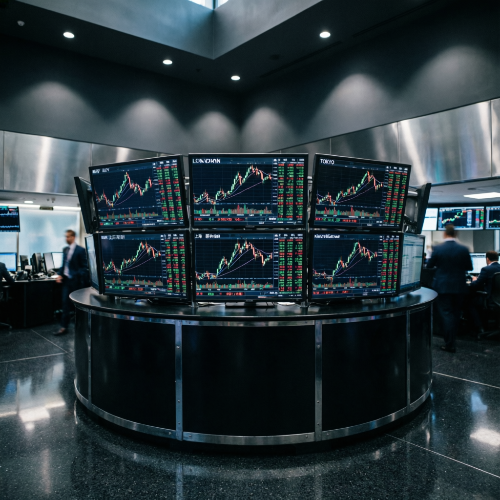 Professional trading floor with multiple screens showing global futures markets