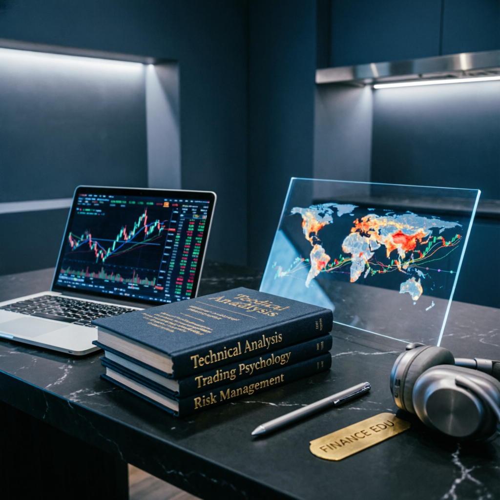 Trading education concept with technical analysis books and laptop charts