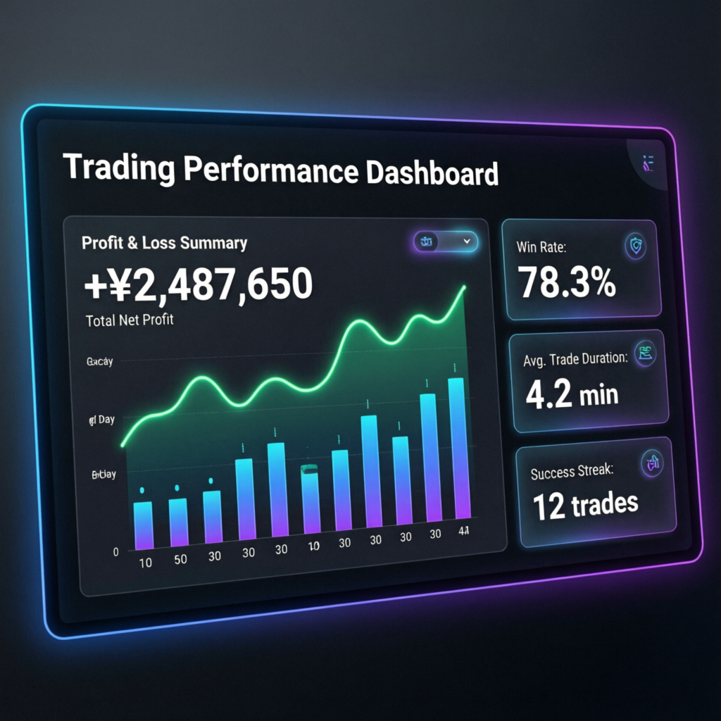 Trading performance dashboard showing profit metrics and success statistics