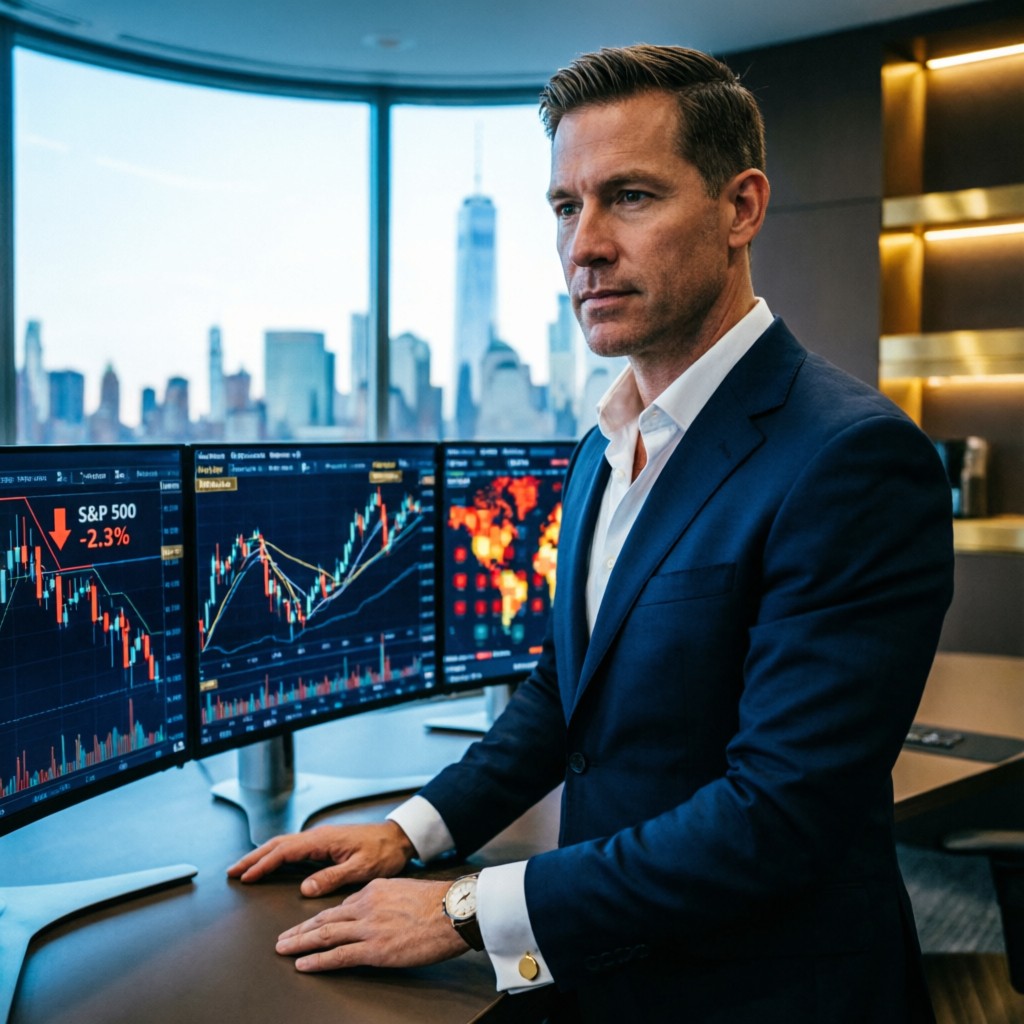 Professional Topstep trader reviewing futures charts on multiple monitors