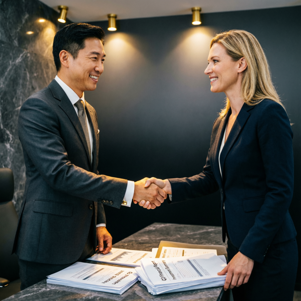 Professional client success handshake with financial documents