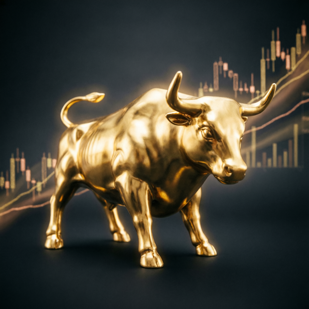 Golden bull statue representing prop firm trading success and market growth