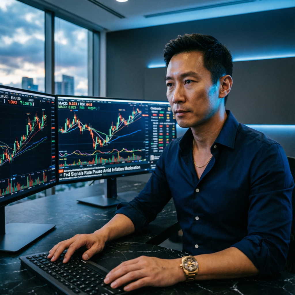 Professional forex trader managing prop firm challenge accounts with multiple trading screens