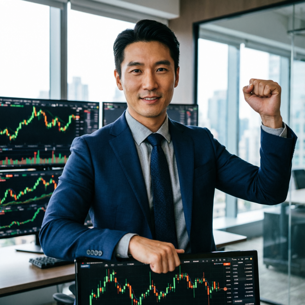 Successful trader celebrating prop firm challenge passing achievement