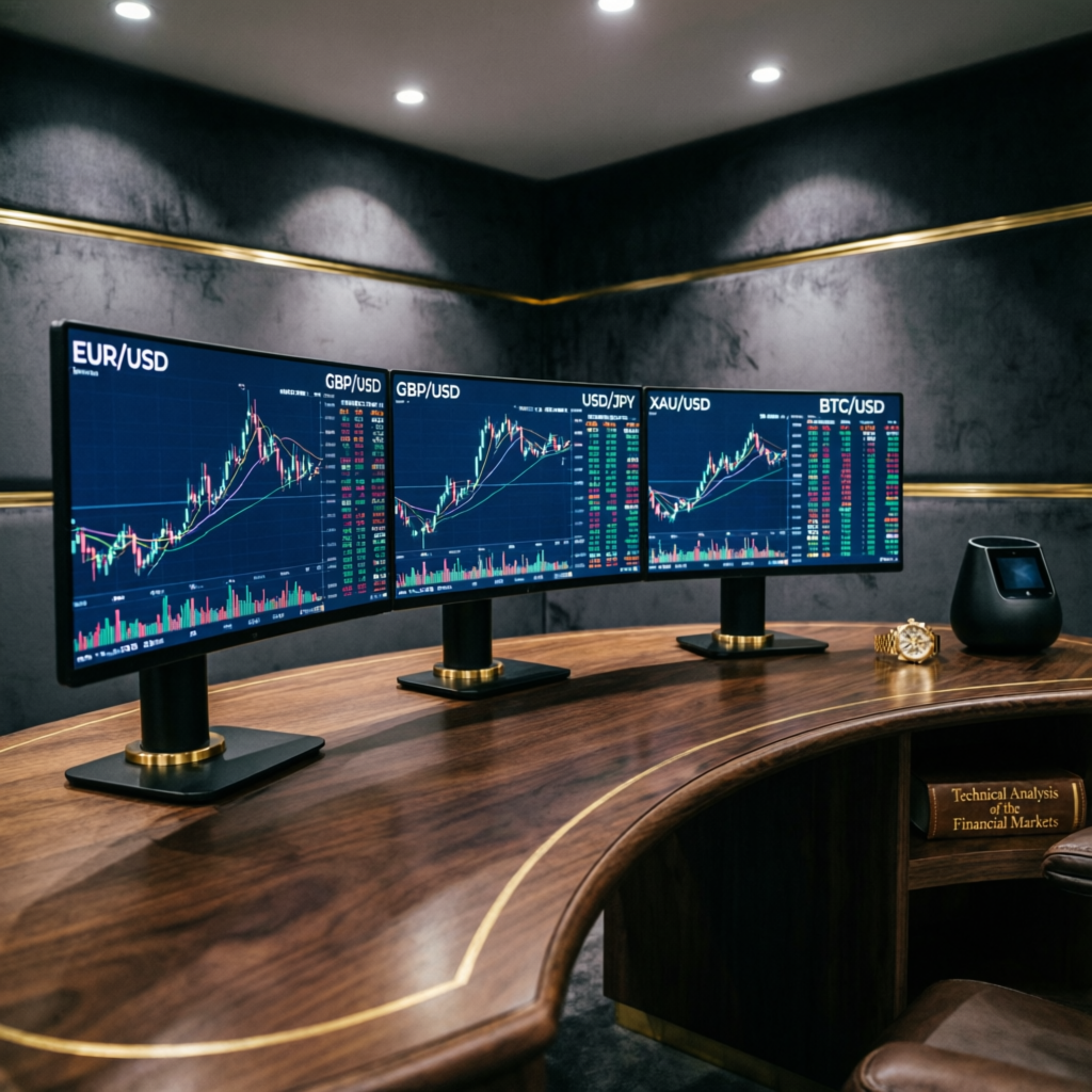 Multiple trading screens showing forex pairs and prop firm challenge accounts