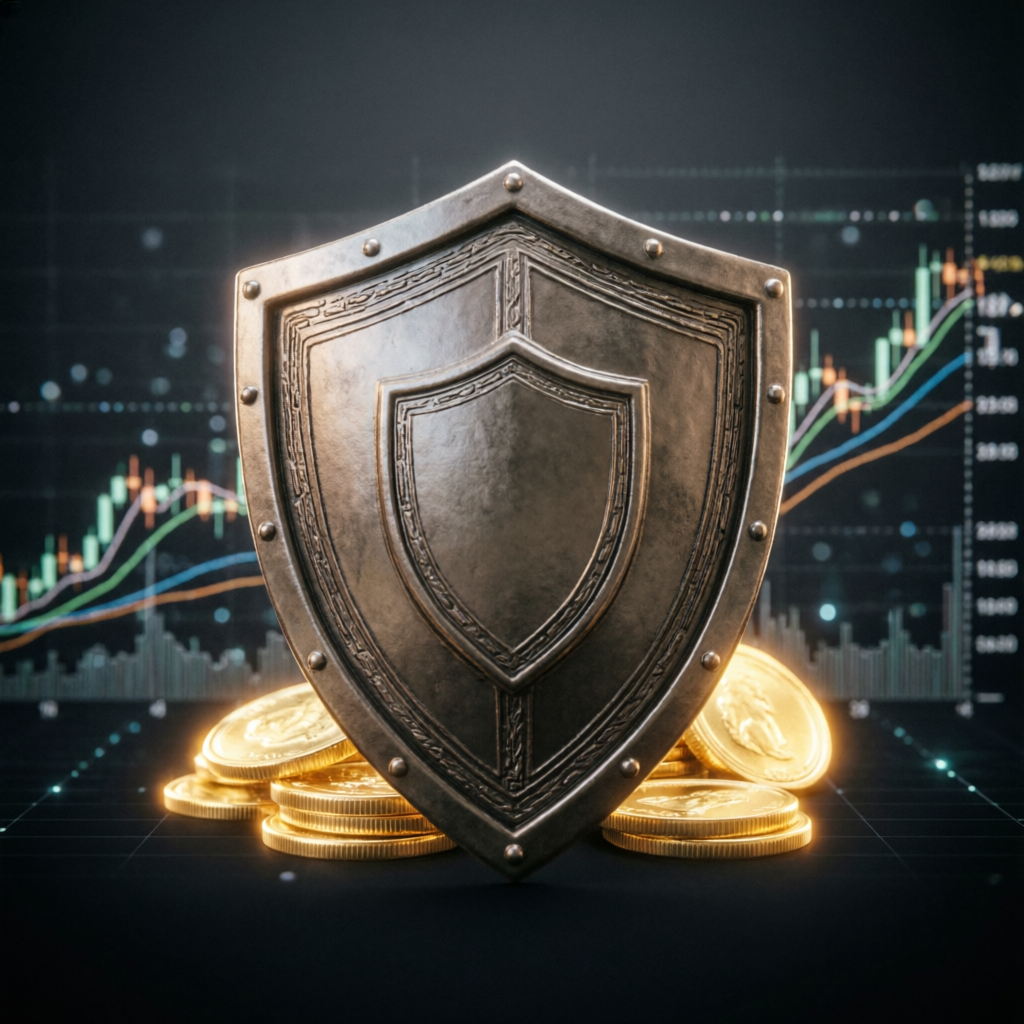 Risk management shield protecting trading capital with forex charts background