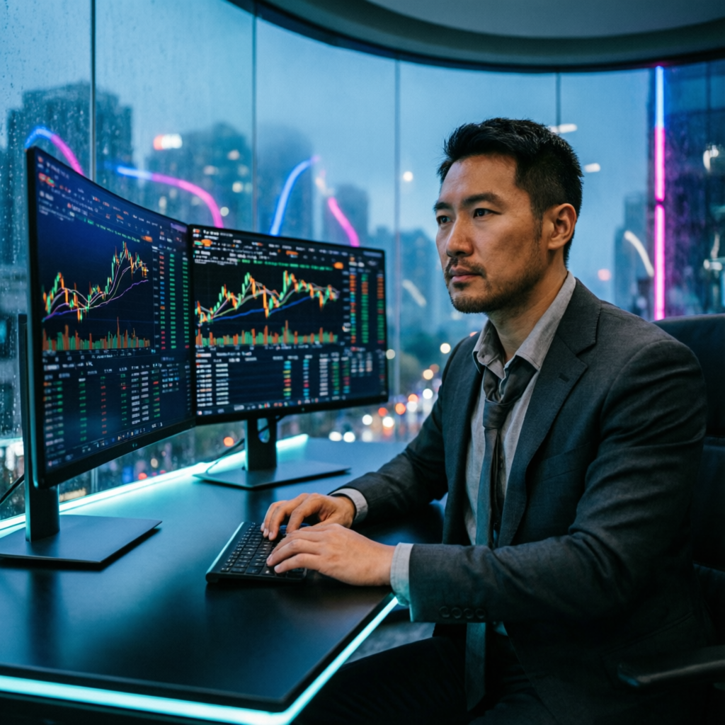 Professional Forex Trader Working with Multiple Monitors and Charts