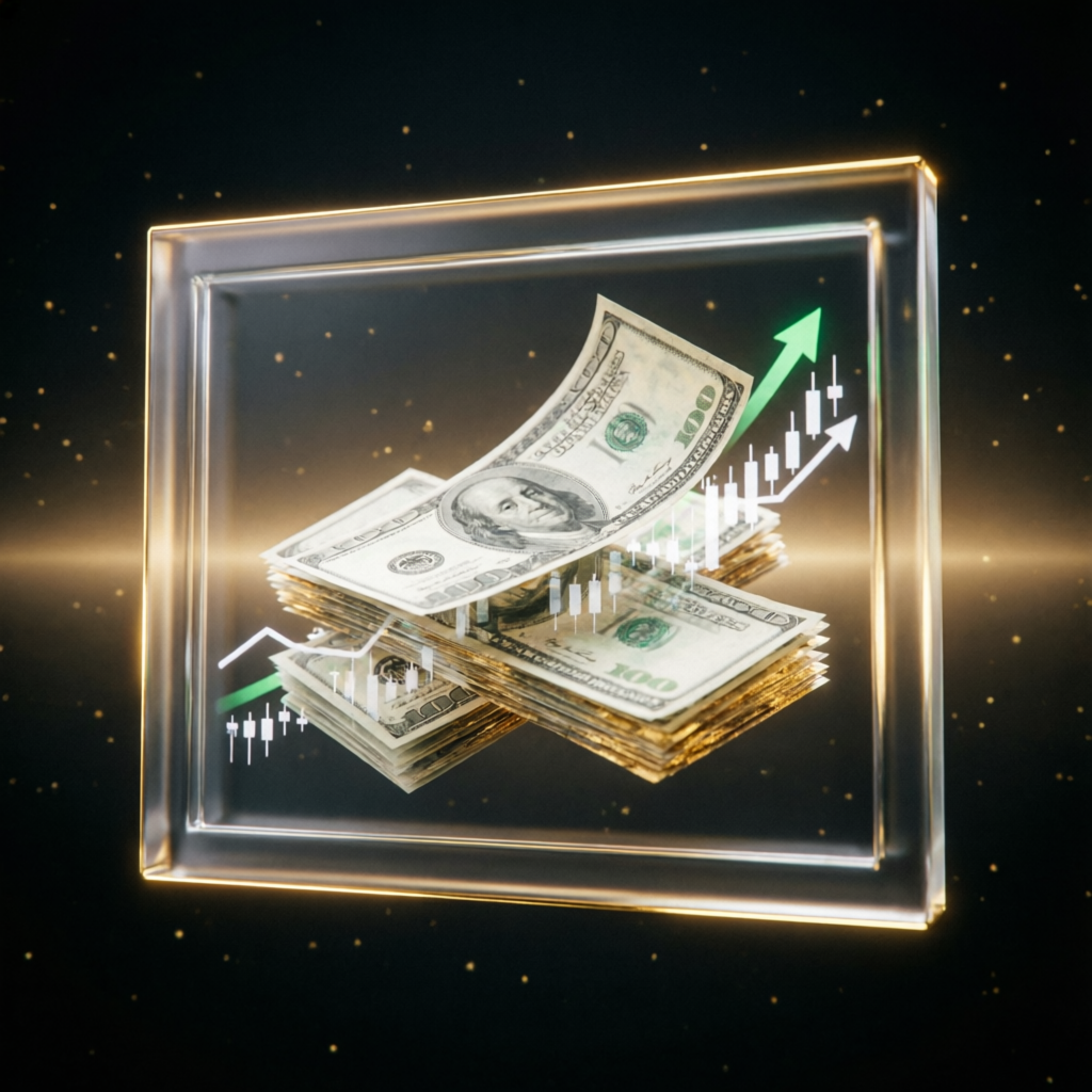 Premium Payout Proof Concept with Dollar Bills and Trading Charts