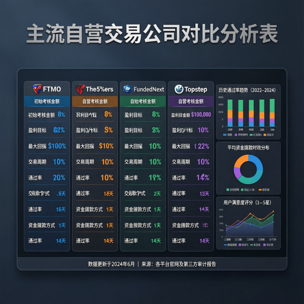 Comparison table of major prop firms including Apex Trader Funding, Topstep, and others