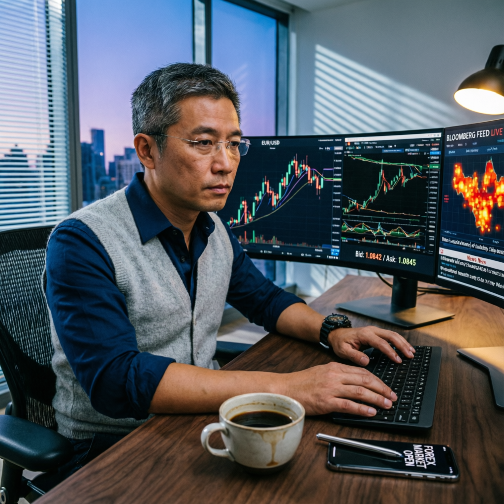 Professional forex trader analyzing Apex funded account charts on multiple monitors