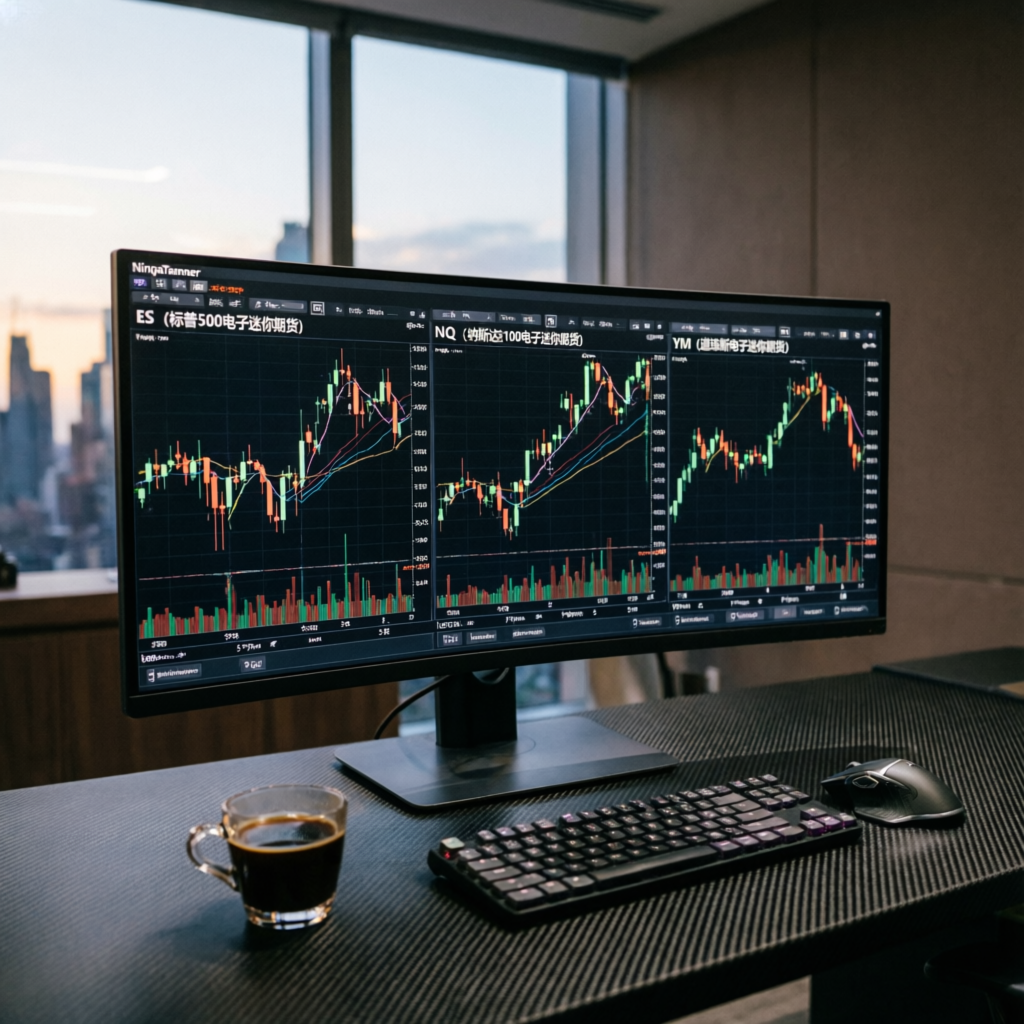 NinjaTrader platform setup showing ES, NQ, and YM futures charts for Apex trading