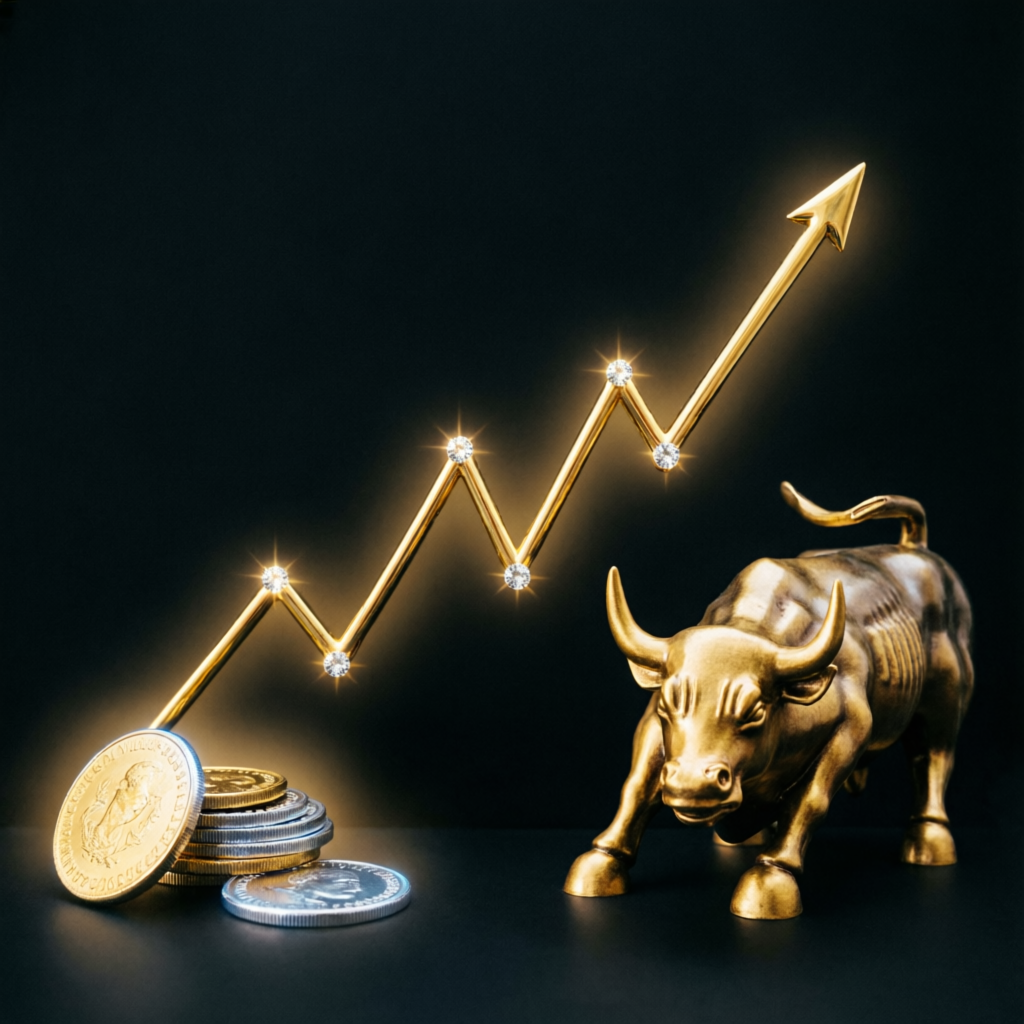Bull market success concept with gold coins and upward trending chart for Apex funded trading