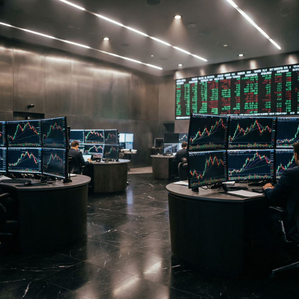 Professional trading floor with multiple monitors showing Apex Trader Funding futures charts