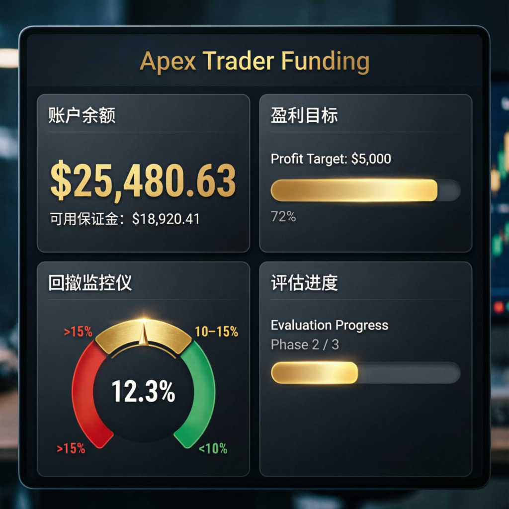 Apex Trader Funding dashboard showing account balance, profit target progress, and drawdown meter