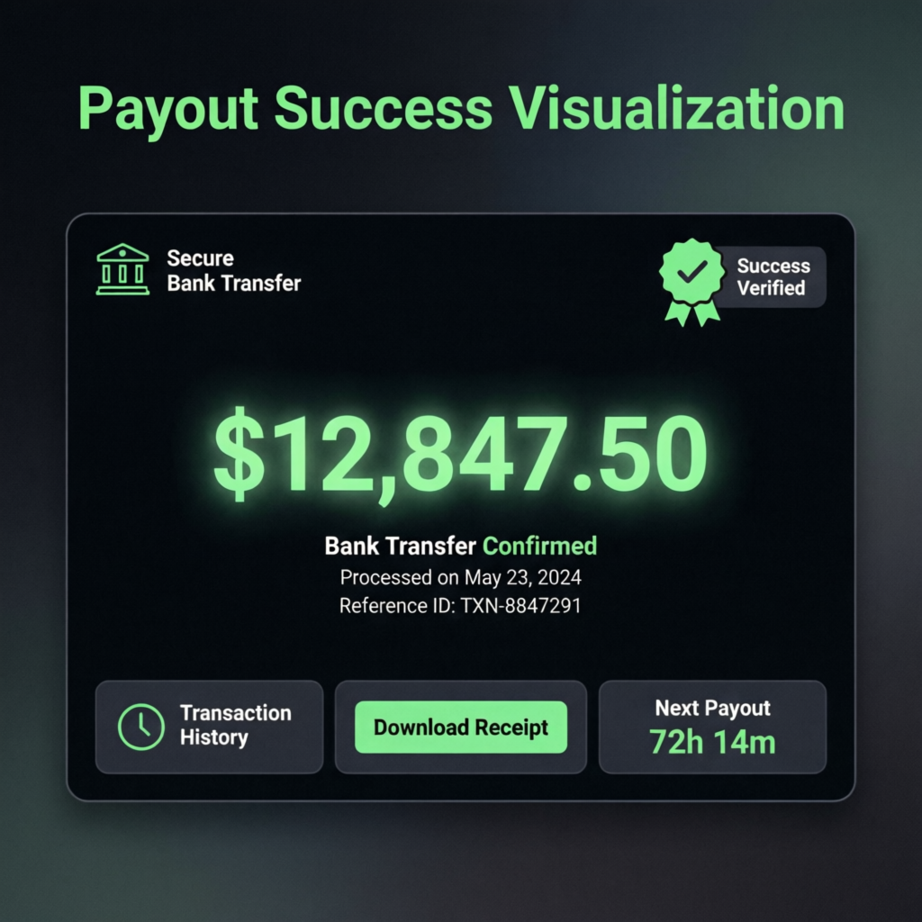 Payout success visualization showing bank transfer confirmation for Apex funded account profits