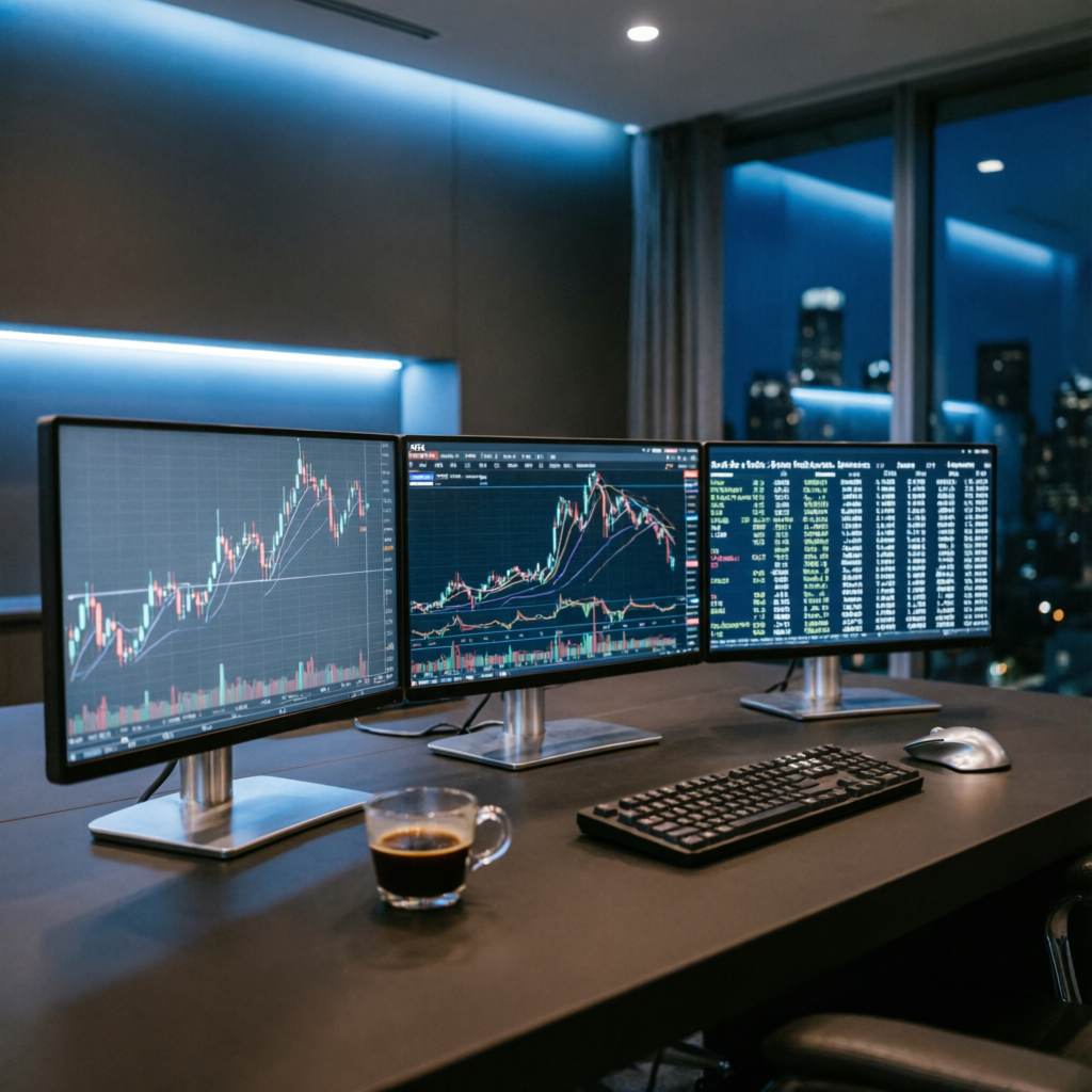 Professional forex trading desk with multiple monitors displaying live charts and trading platforms - Foxx Funded Passing Service by PFM Capitals