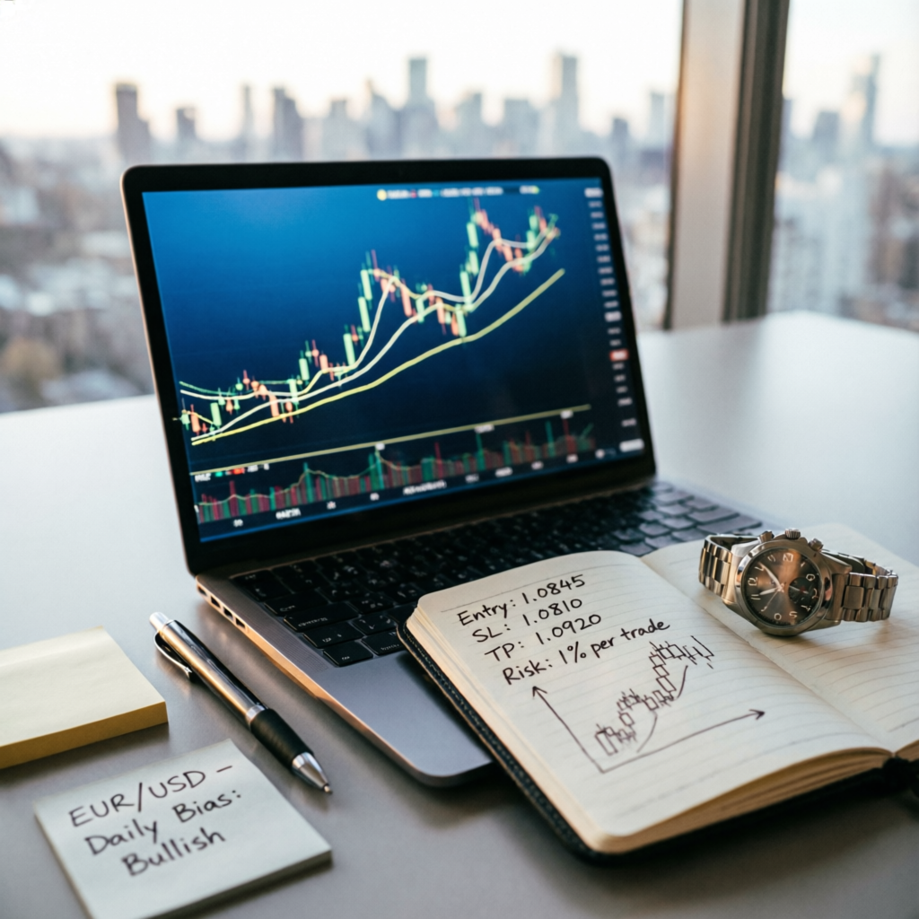 Forex trading strategy analysis with laptop showing charts and trading journal - PFM Capitals trading methodology