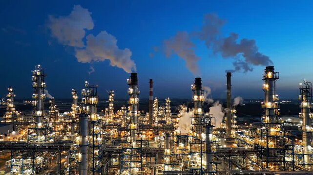 Quail Petroleum refinery complex illuminated at dusk