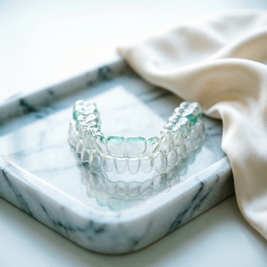 Alineadores transparentes Glamfit sobre bandeja de mármol