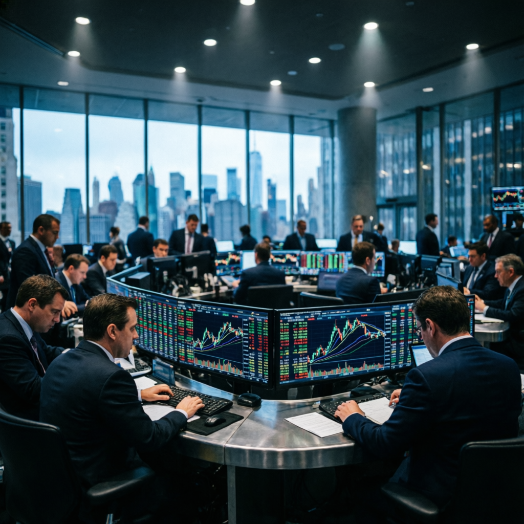 Professional trading floor with multiple traders