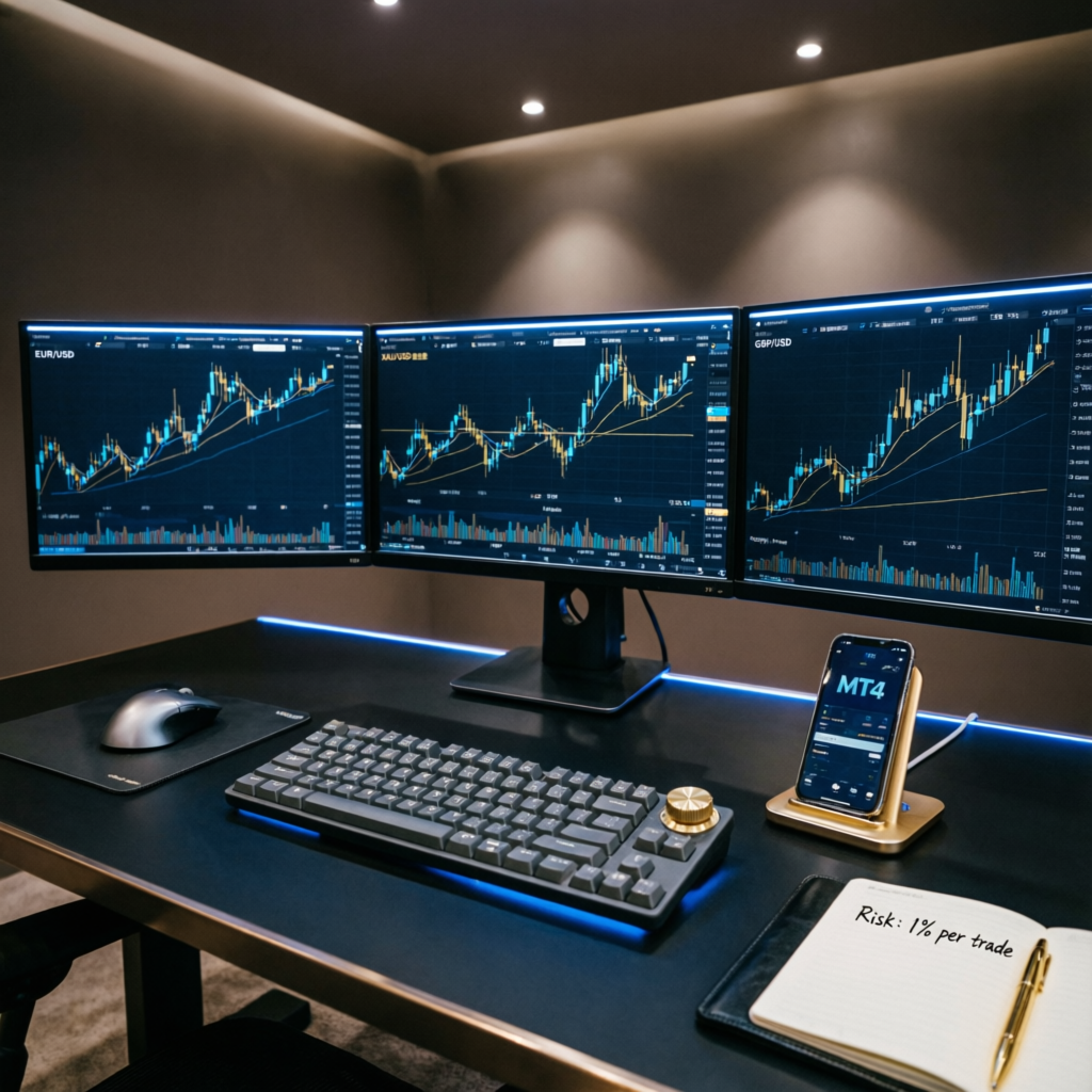 Professional trading workstation with multiple monitors