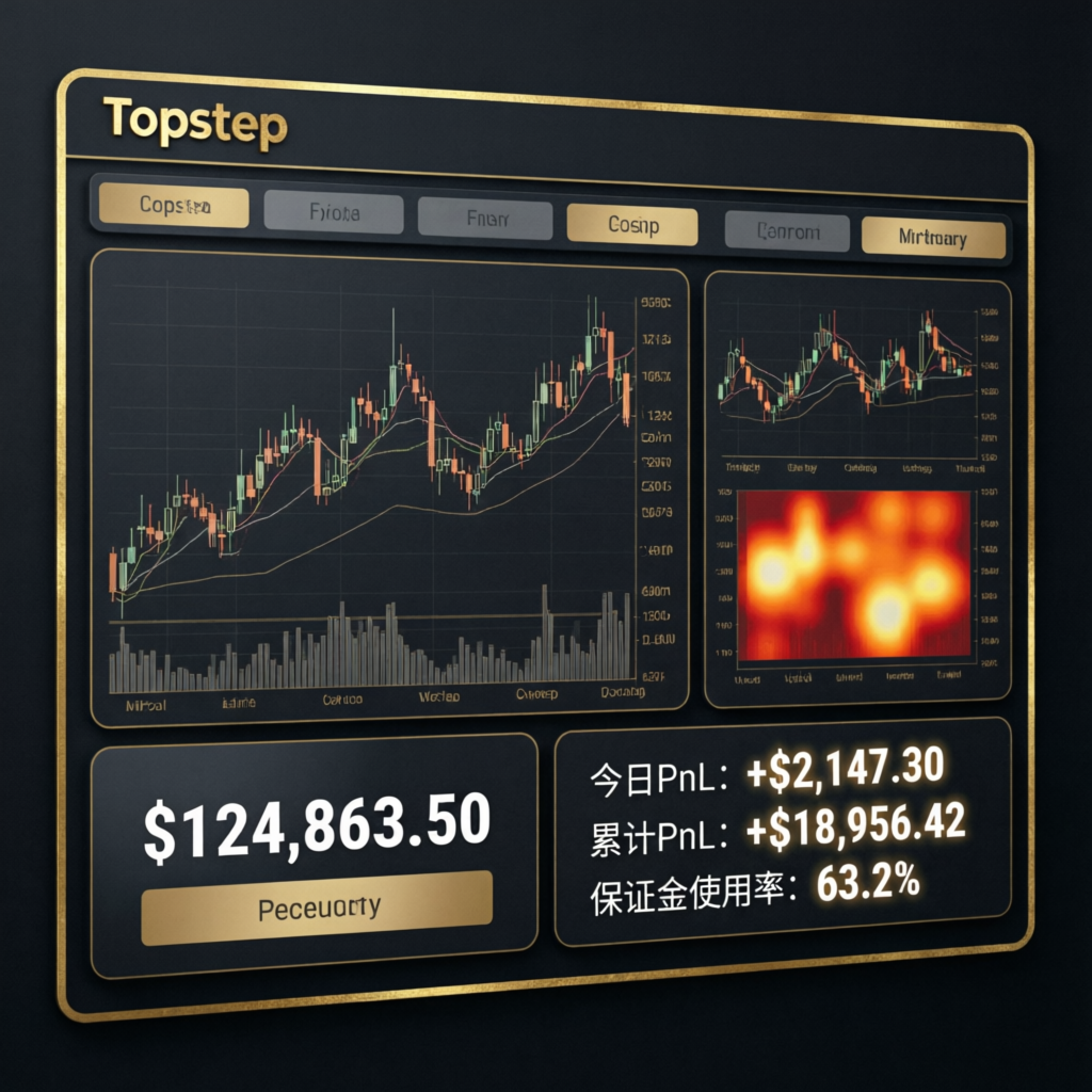 Topstep trading dashboard showing live charts and account metrics