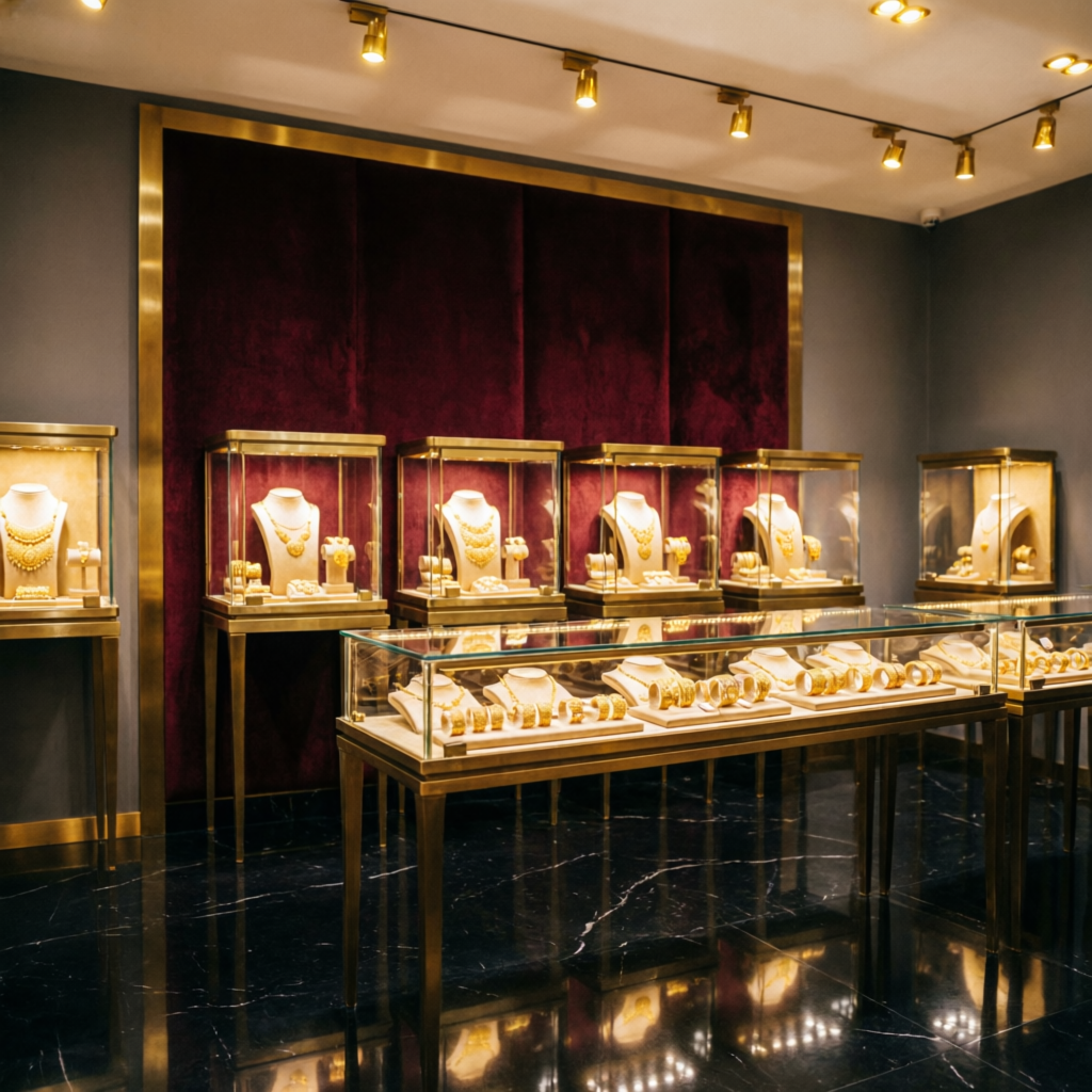 Sara Aravali Jewels luxury showroom interior at Nehru Place Karnal with gold jewellery displays
