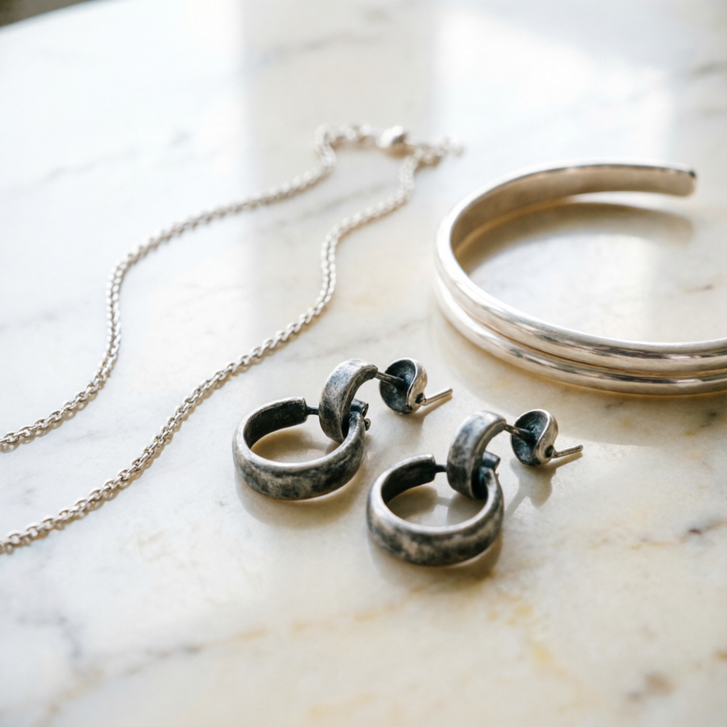 Contemporary silver jewellery collection — chains, earrings and bracelets in Karnal