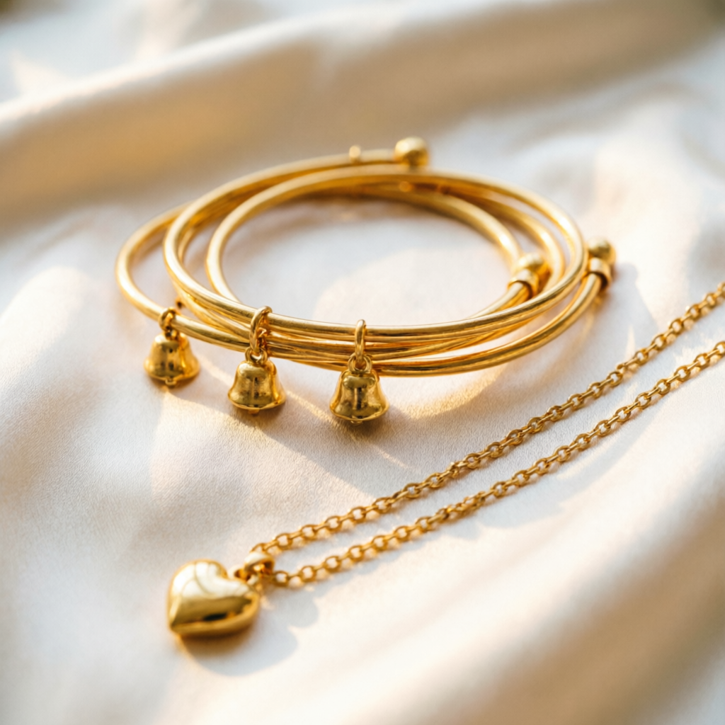Delicate kids gold bangles and chain with bells, Karnal