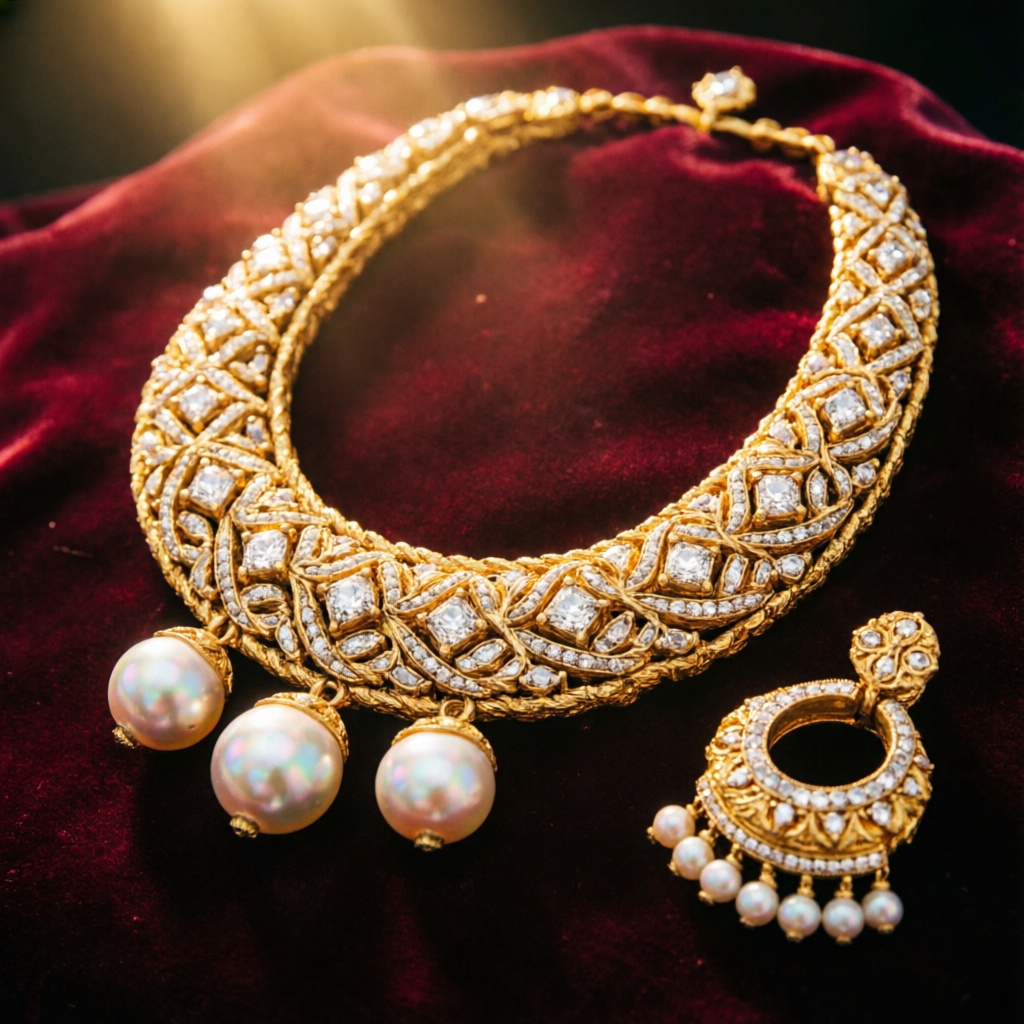 Traditional handcrafted Polki kundan choker with pearl drops, Karnal