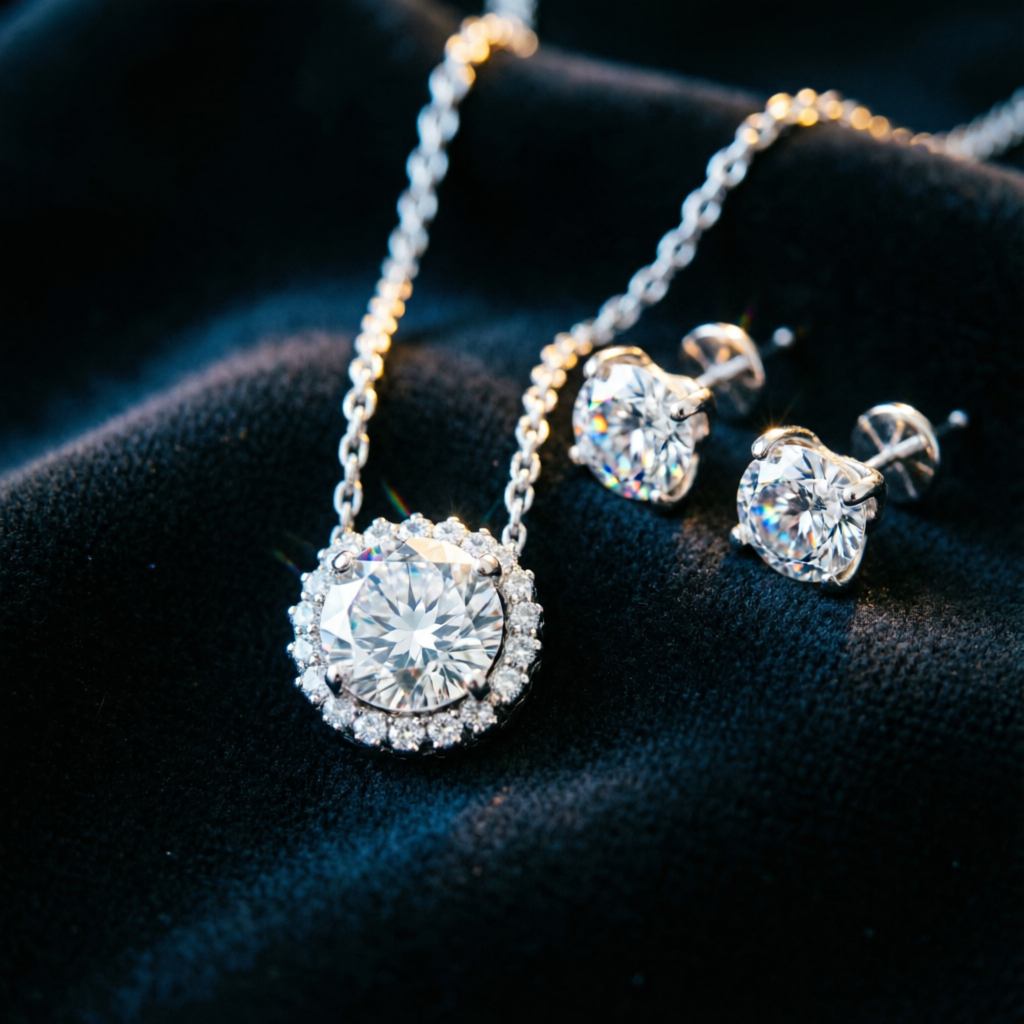 Certified diamond necklace and stud earrings at Sara Aravali Jewels Karnal