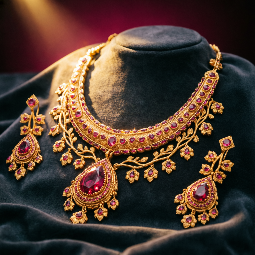 Hallmarked 22KT gold bridal necklace set with ruby detailing at Sara Aravali Jewels Karnal