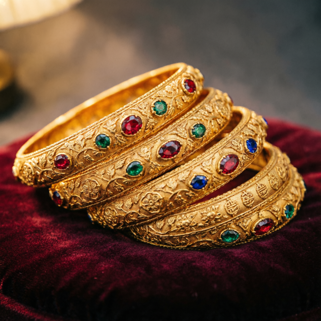 Engraved 22KT gold bangles with gemstones, Karnal