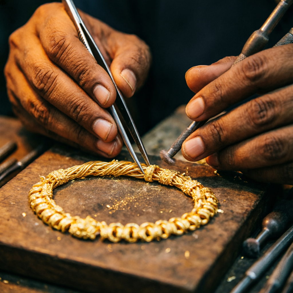 Master goldsmith handcrafting a gold necklace at Sara Aravali Jewels workshop