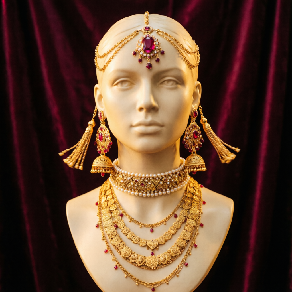 Complete gold bridal jewellery set with choker, jhumkas and maang tikka, Karnal