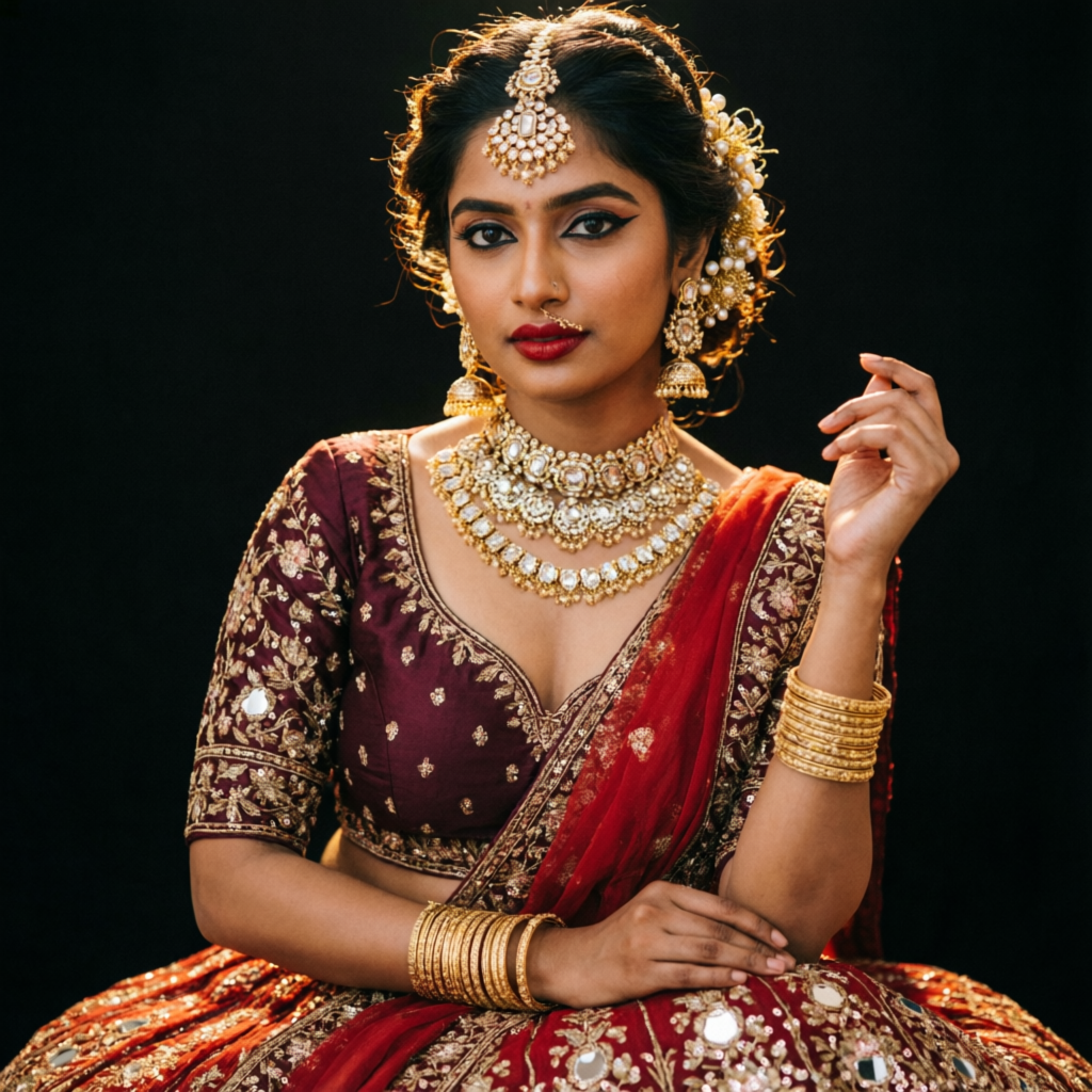 Indian bride wearing Sara Aravali Jewels polki choker, jhumkas and gold bangles