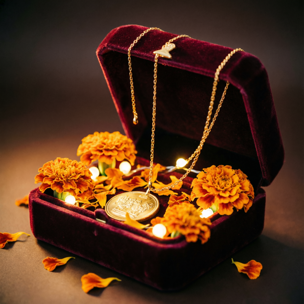 Festive gold jewellery gift box with coin and marigolds, Karnal