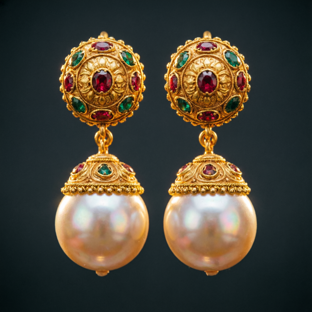 Traditional gold jhumka earrings with pearls, Karnal