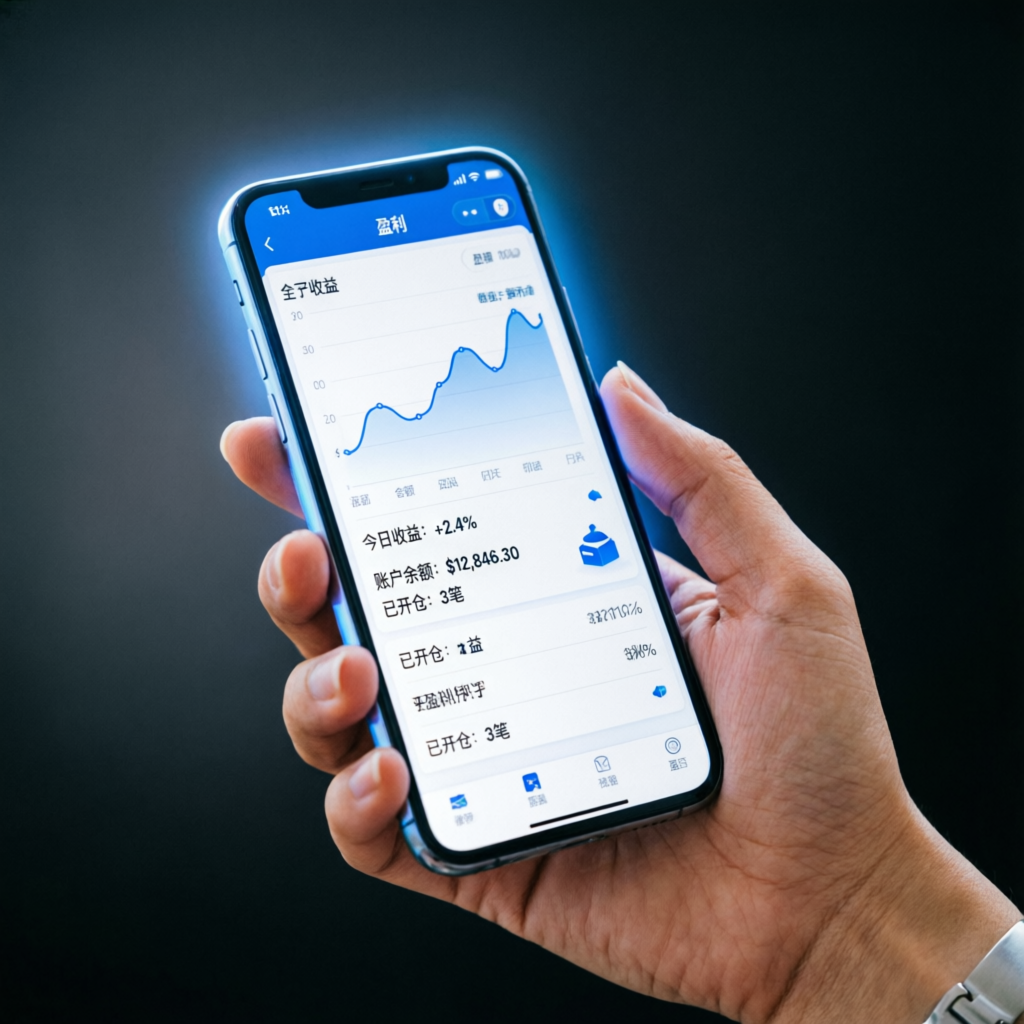 Mobile phone showing forex trading app with profit dashboard