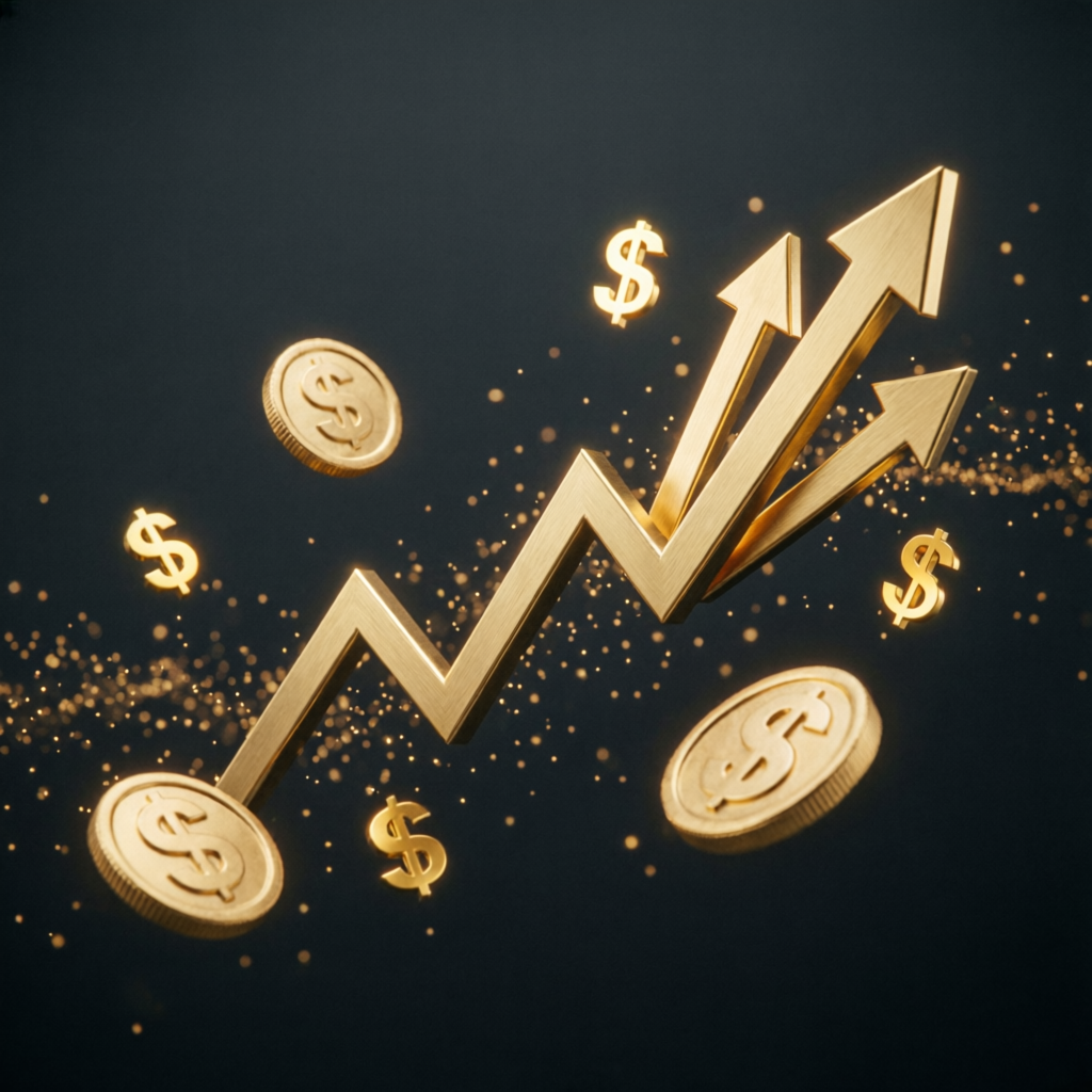 Abstract financial growth visualization with golden ascending chart arrows