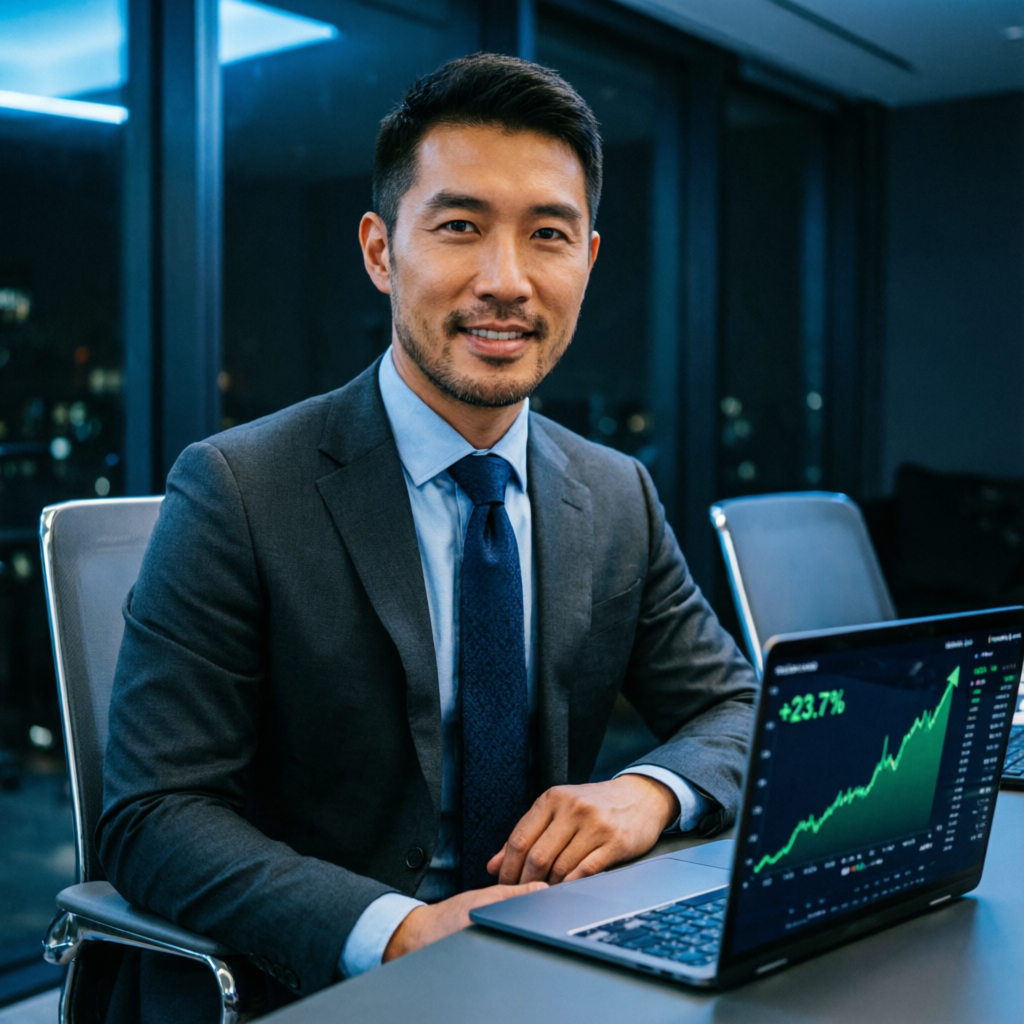 Successful trader with laptop showing profit chart