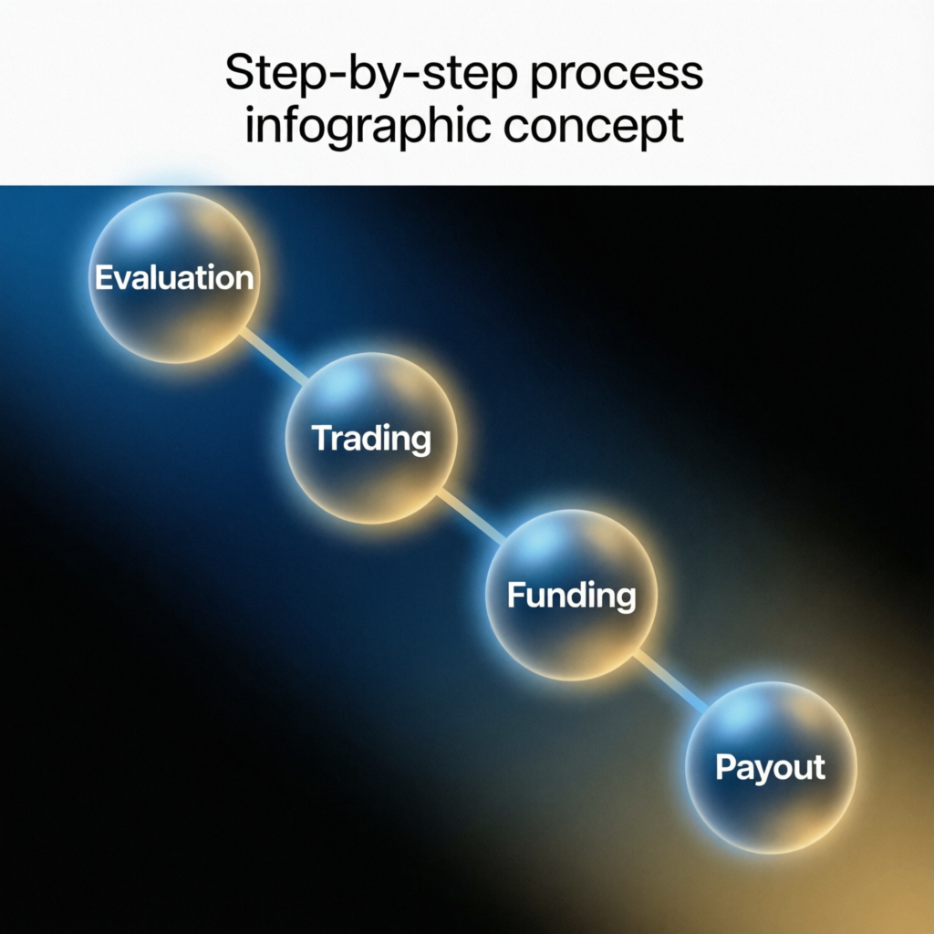 Step by step process infographic showing evaluation, trading, funding, payout stages