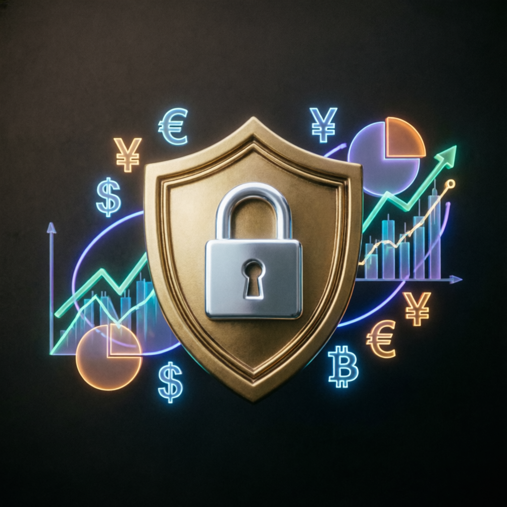 Security and trust concept with golden shield and financial charts