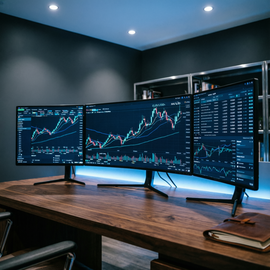 Professional forex trading workspace with multiple monitors showing candlestick charts