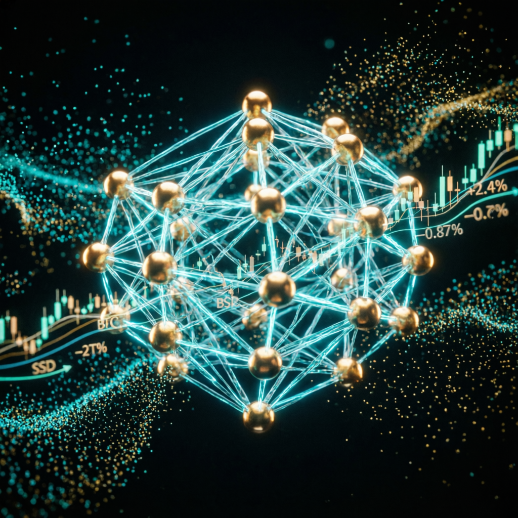 Advanced AI trading algorithm visualization with neural network and financial data