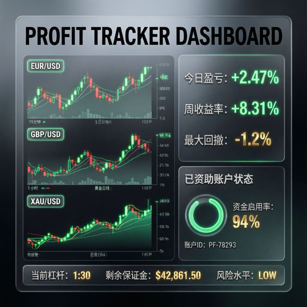 Profit tracker dashboard showing live forex charts and funded account metrics