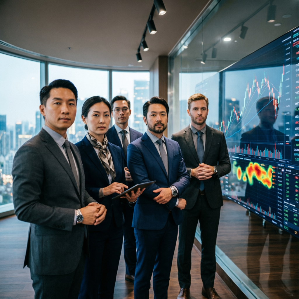 Team of professional financial analysts reviewing trading strategies